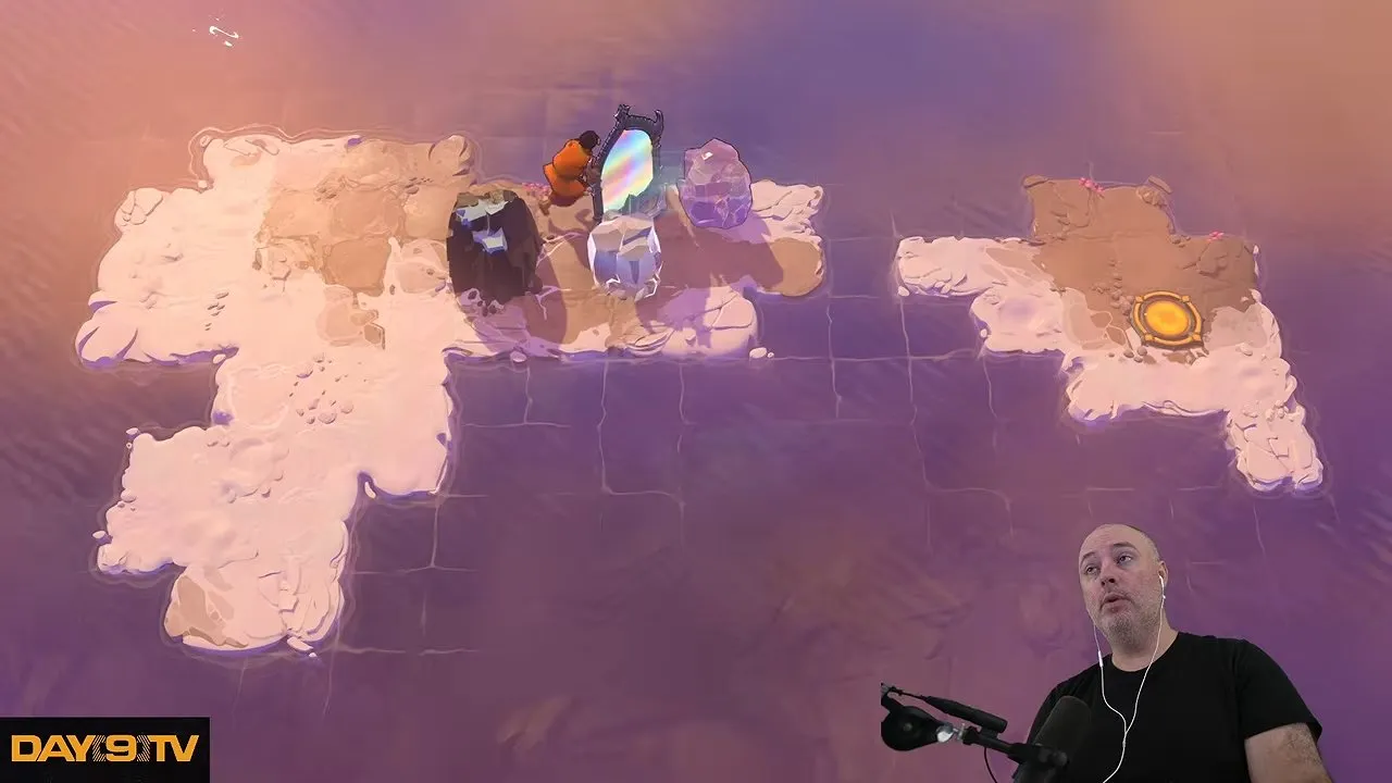 Mirror Isles character above-left of the mirror, with a pale stone below it, a pink stone to its right, and a goal across the water