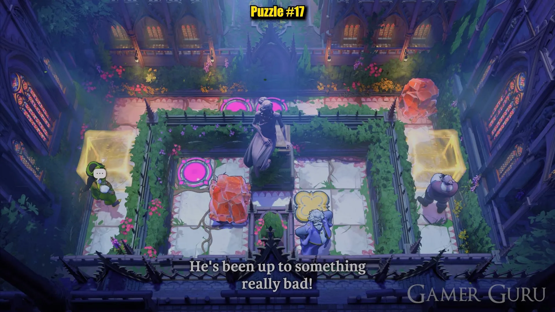 The three-hero prison: a hero behind a yellow barrier on each side, the blue hero beside the yellow switch and the red crystal in the left cell
