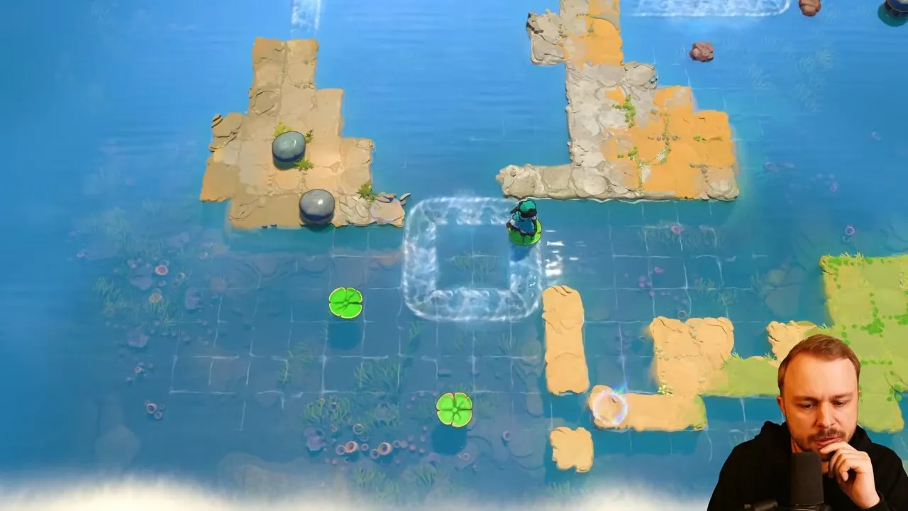 A character riding a lily pad around the square current beside the checkpoint islands