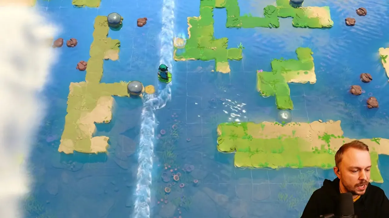 The character riding a lily pad up the left river toward the glowing checkpoint