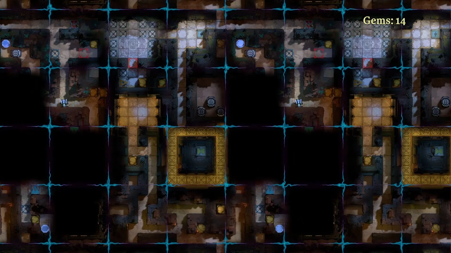 The underground floor of The Promise beyond the red gate, with the gold-framed altar room in the middle