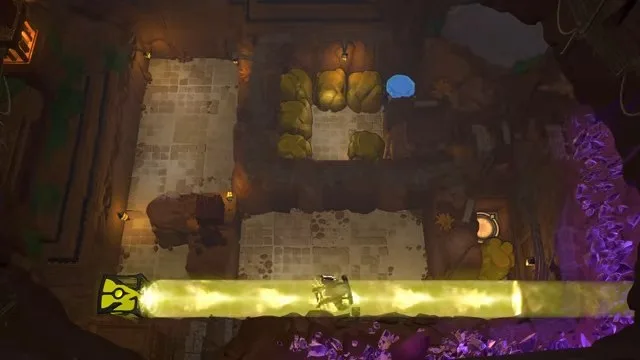A yellow beam fired along the bottom wall of a Vault of the Beamcasters room toward the stones on the right